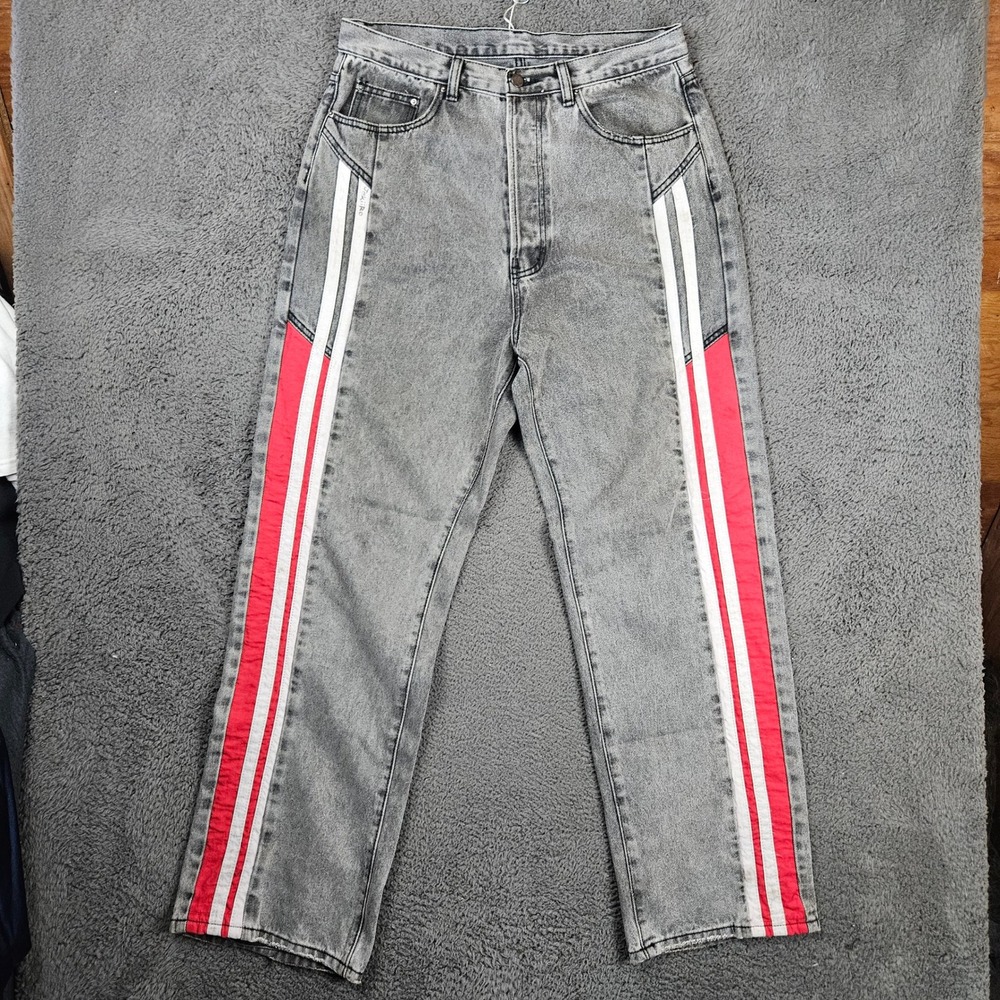 mnml 32 Acid Wash Gray Racing Stripe Straight Leg Jeans Red White JekiRo